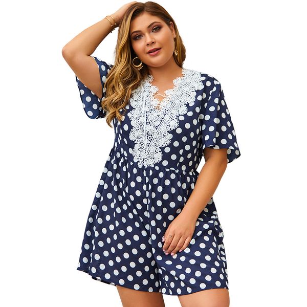 

whzhm summer dot printed playsuits women lace patchwork dark blue loose pants short sleeve deep v-neck lacing playsuits ladies, Black;white