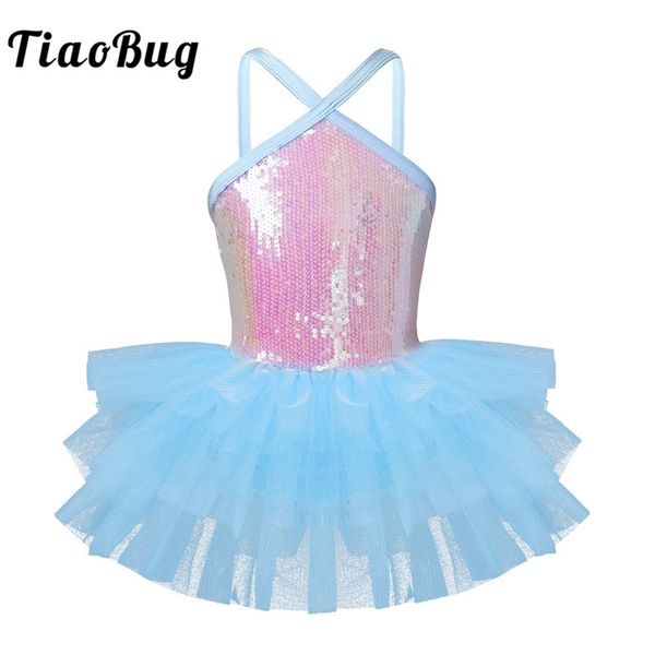 

tiaobug kids halter sequins girls ballet leotards cute princess mesh dance dress gymnastics leotard stage ballerina tutu dress, Black;red