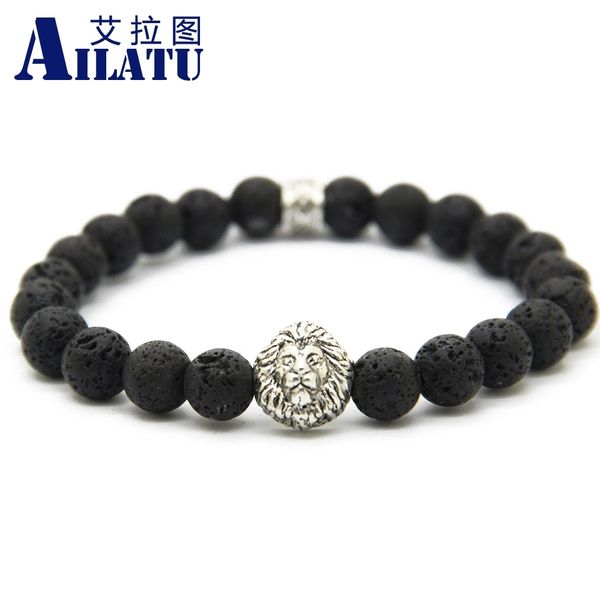 

ailatu new arrival mens beaded bracelet wholesale 8mm lava rock stone beads antique silver color lion head energy jewelry, Golden;silver