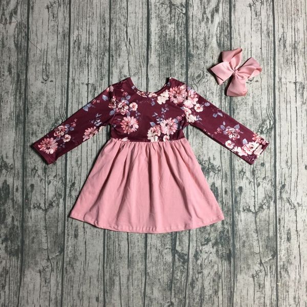 

spring winter baby girls clothes children wine floral dirty pink dress cotton button ruffle boutique outfits match accessory bow, White