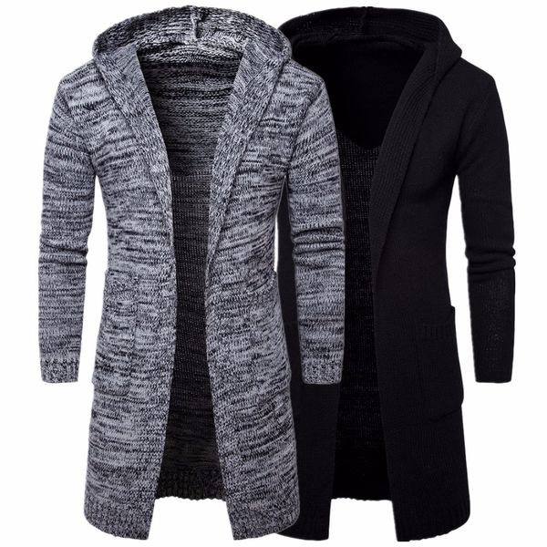 

2018 sweater mens slim fit hooded knit sweater fashion cardigan long trench hooded long sleeve cardigan coat jacket, White;black