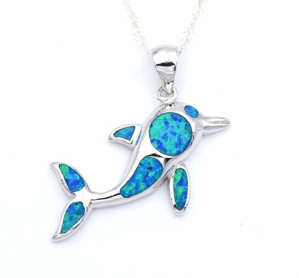 

cute blue fire opal jumping dolphin pendant necklace, Silver