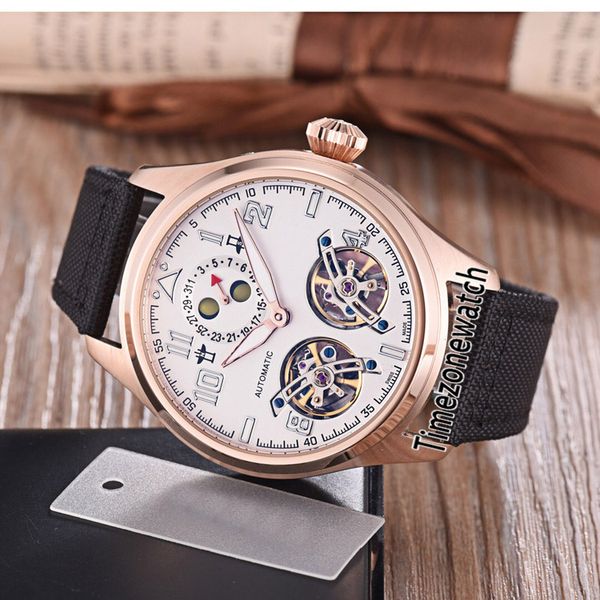 

44mm new g5 grande montre d'aviateur double tourbillon white dial 1736 moon phase automatic mens watch rose gold case leather strap wat, Slivery;brown