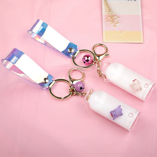 

creative mini pig milk bottle keyring quicksand bottle milk key chain for women bag charm christmas gift, Silver