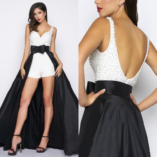 

beading jumpsuits mimi cocktail dresses with detachable train sequined 2019 new short prom party dress for women plus size evening dress, Black