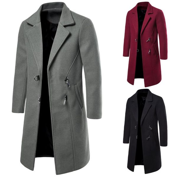 

winter new woolen coat men's casual long wool coat men's solid color casual fashion jacket, Black