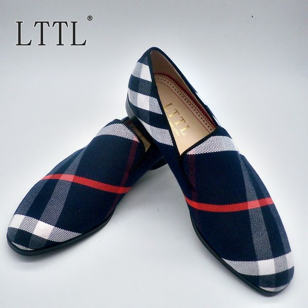 

lttl mixed-color plaid canvas shoes square toe slip on men loafers plus size summer fashion mens shoes casual flats, Black