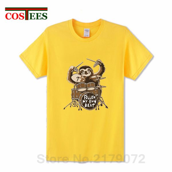 

parody sloth playing drums t shirt men funny follow my own beat t-shirt cute sloth shirt cartoon animal print tee camiseta, White;black
