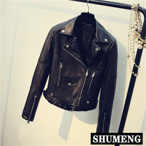 

новые корейские осенне-зимние женщины приталенные вымытые мотоциклетные куртки из искусственной кожи пальто женские короткие кожаные куртки, Black