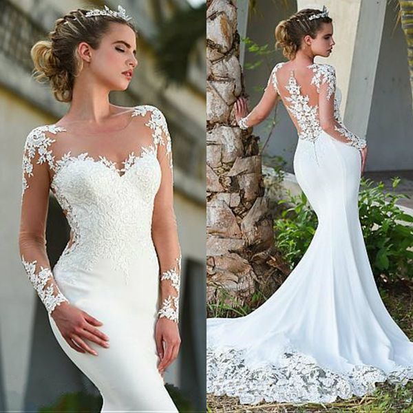 

2020 naviblue свадебные платья кружевные аппликации прозрачные с длинными рукавами атласные свадебные платья на пуговицах назад развертки по, White