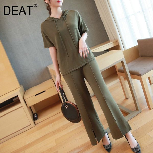 

deat] 2020 new spring elegant mature women knit suit short sleeve hooded collar looose elastic split nine pants leisrue ap664, White