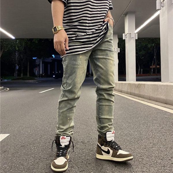 

high street washed ink jeans mens stretch slim pencil pants plus size hip hop loose denim trousers, Blue