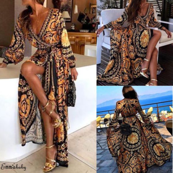 

2019 new maxi dress women boho floral v neck spilt dress long sleeve wrap tie evening formal party club, Black;gray