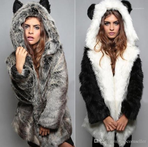 

дизайнерские пальто зимняя мода свободные искусственный лисий мех пальто с капюшоном дизайнерская женская одежда плюс размер женщин, Black