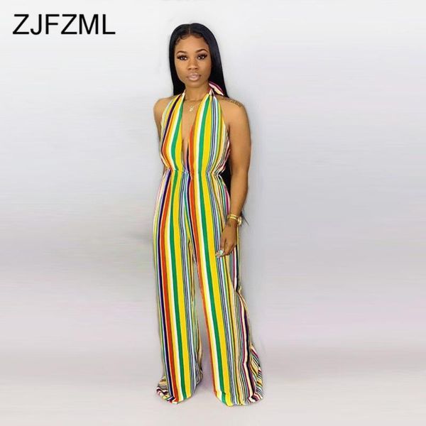 

rainbow striped rompers womens jumpsuit summer deep v neck sleeveless wide leg body suit elegant halter neck backless playsuits, Black;white
