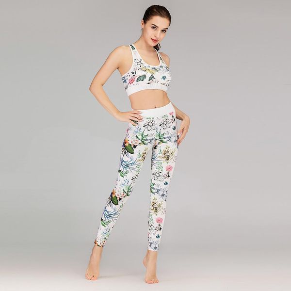 

women round neck sleeveless full length fashion leggings floral yoga workout suit set all seasons fitness, White;red
