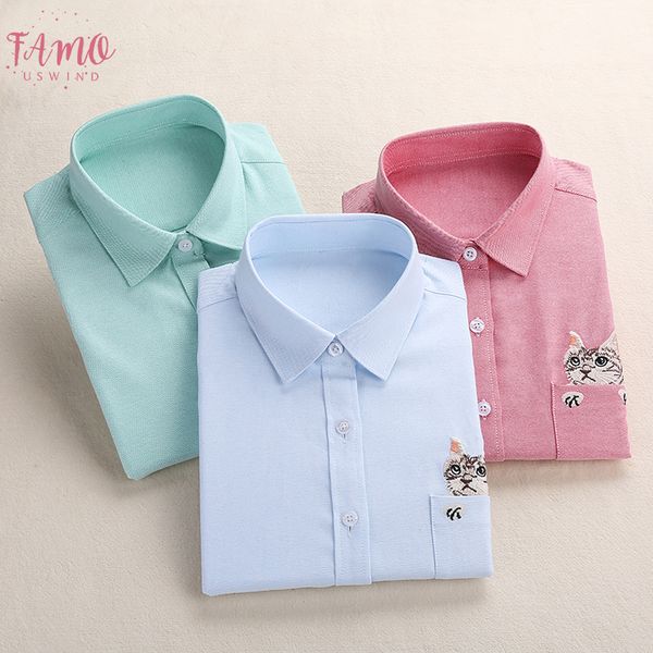 

women embroidery shirt cat school blouses office ladies embroidery female blusas plus size embroidered work shirt autumn 2020, White