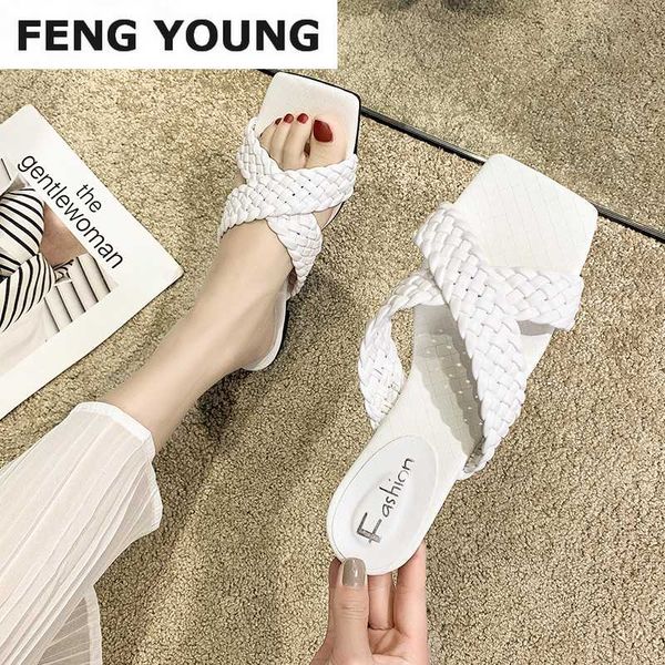 

weave leather low heel slippers casual open toe beach flip flops ladies fashion women comfort soft bottom summer shoes, Black