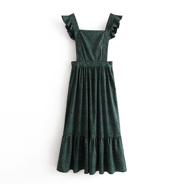 

casual dresses women vintage a line floral print dress 2021 sleeveless backless fashion long elegant ruffle pleated, Black;gray