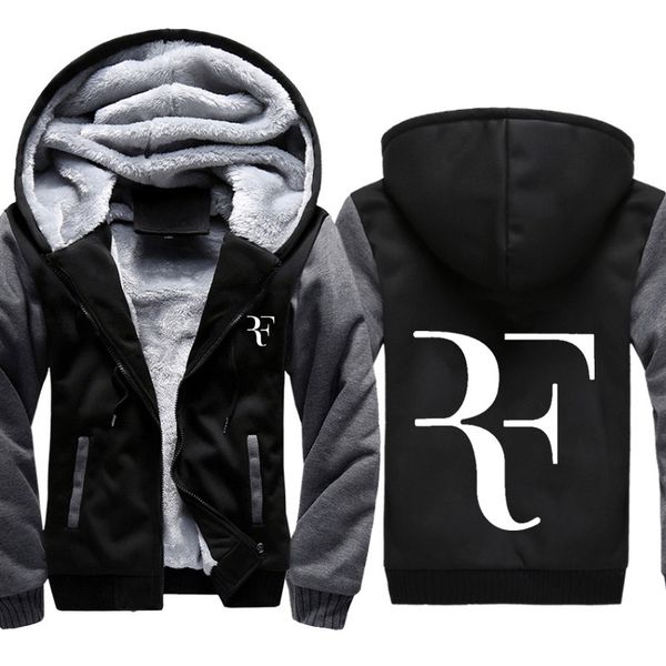 

rf roger federer hoodies men fashion winter jacket thick mens hooded sweatshirt male fleece warm sportswear tracksuits mens coat, Black