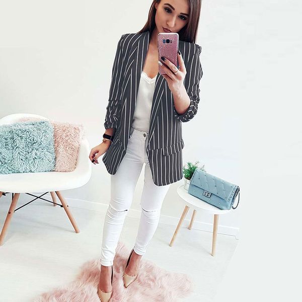 

autumn female striped blazer women casual coat long sleeve lapel cardigan femme spring office lady black slim outwear 4 colors, White;black
