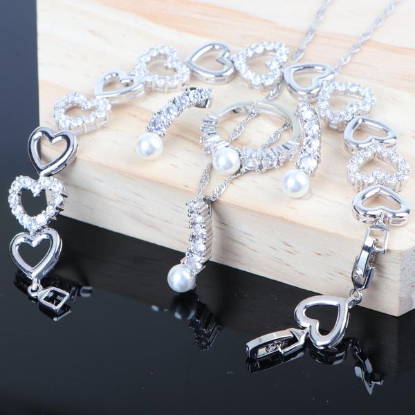 

women wedding pearl bridal jewelry sets for 925 silver zirconia jewelry pendant earrings bracelet ring necklace sets, Slivery;golden