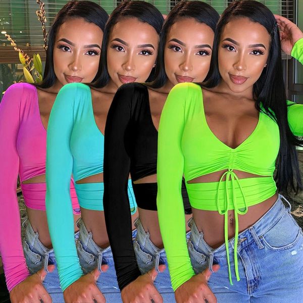 

2019 nightclub women's long coat t-shirt sleeve v-neck low chest elastic casual drawstring t-shirt top, White
