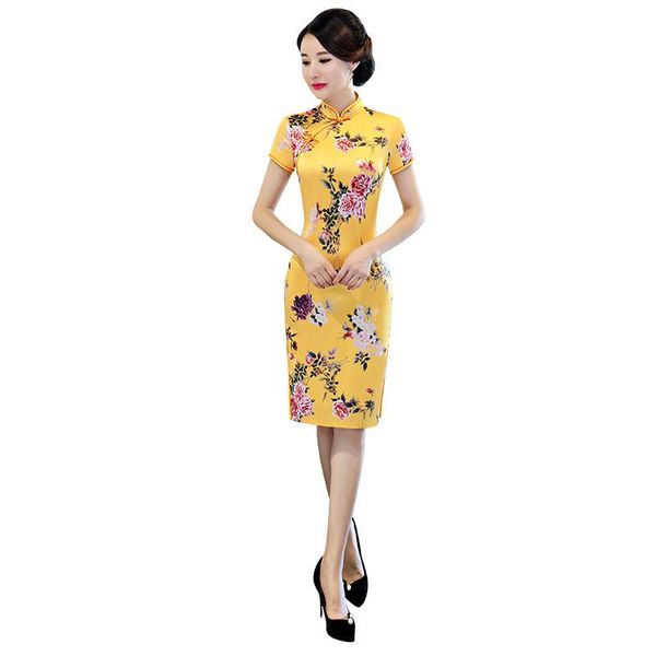 

elegant business short sleeve dress rayon print flower hight split qipao chinese women mandarin collar cheongsam -xxxl, Red