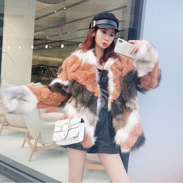 

2019 women real fur coat natural fur and natural rex stitching outwear thick warm streetwear winter jacket, Black