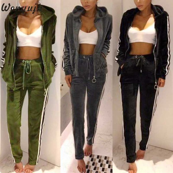 

wenyujh womens striped gold velvet zipper warm sweater trousers set yoga tracksuit gym set jogging sportswear sport fitness suit, White