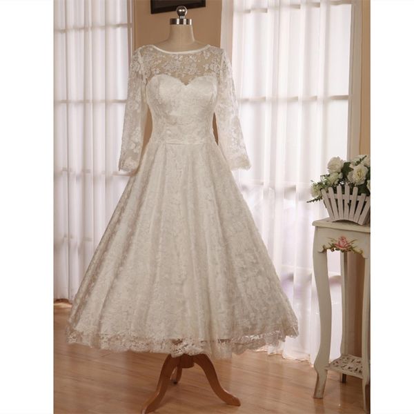 2019 Simple Ivory Lace Country Wedding Dresses Knee Length 3 4