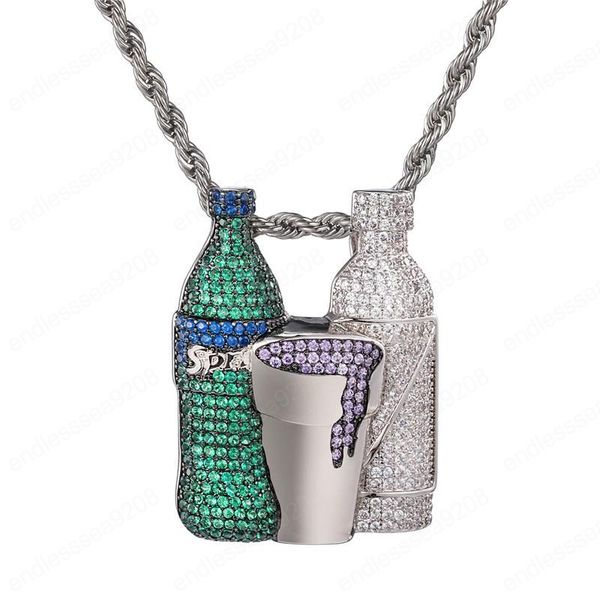 

iced out sprite drink bottle pendant pave cubic zirconia hip hop bling jewelry for men gift, Silver