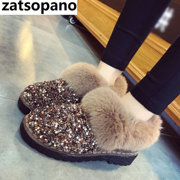 

zatsopano women ankle fur boots side zip warm shoes female round toe winter botas flats heel glitter footwear size 35-40, Black