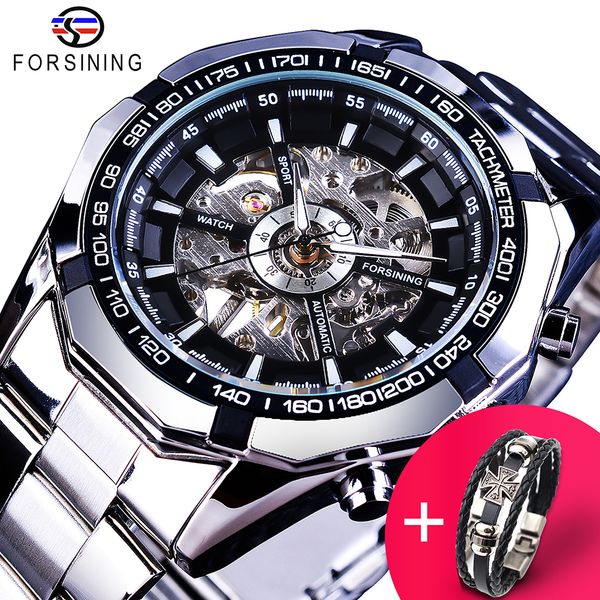 

forsining watch + bracelet set combination silver stainless steel men's skeleton transparent mechanical male wrist watches clock, Slivery;brown