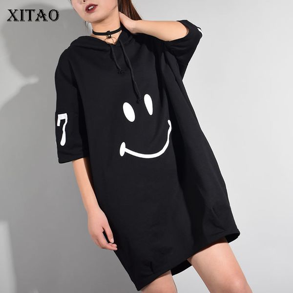 

xitao] korea summer fashion female character print loose dress women short sleeve hooded collar above knee dress cxb533, Black;pink