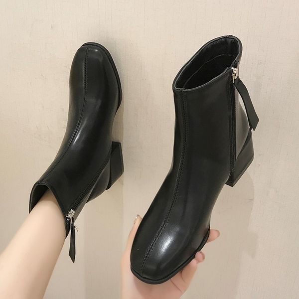 

bottes femme 2020 solid color ankle boots for women genuine leather square heels zipper business work shoes, Black