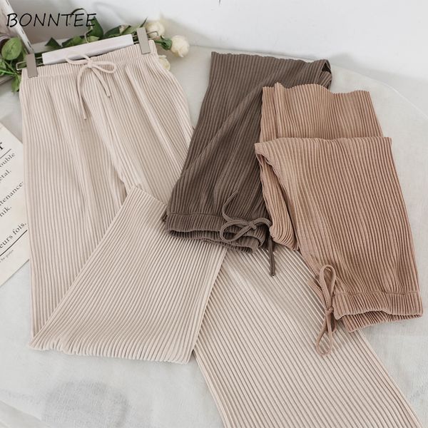 

брюки женские простые ulzzang корейском стиле свободные брюки на шнуровке высокой талией женские плиссированные широкие ноги мягкие досуг да, Black;white