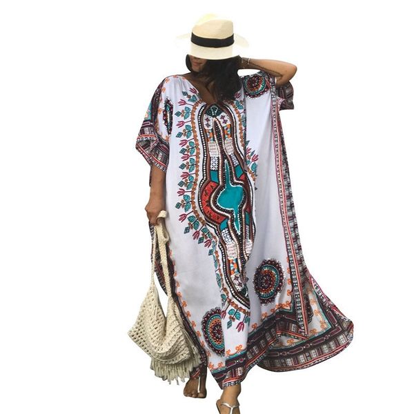 

плюс размер женщин лето африканский этнический печати кафтан бикини прикрывают платье пляж макси купальник женщин robe de plage, Blue;gray