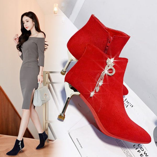 

2019 new winter red stiletto pointed rhinestone fashion plus velvet booties women, Black