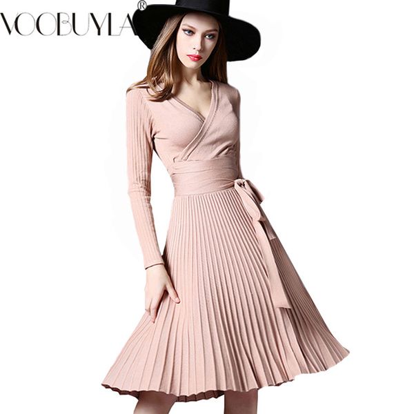 

voobuyla elegant winter spring dress 2018 new office dresses for women decorative sashes v-neck solid  vintage vestidos, White;black