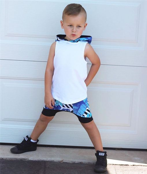 

newborn enfant boys summer soft playsuit cute toddler kids baby boy hooded vest short pants 2pcs outfits clothes set, White