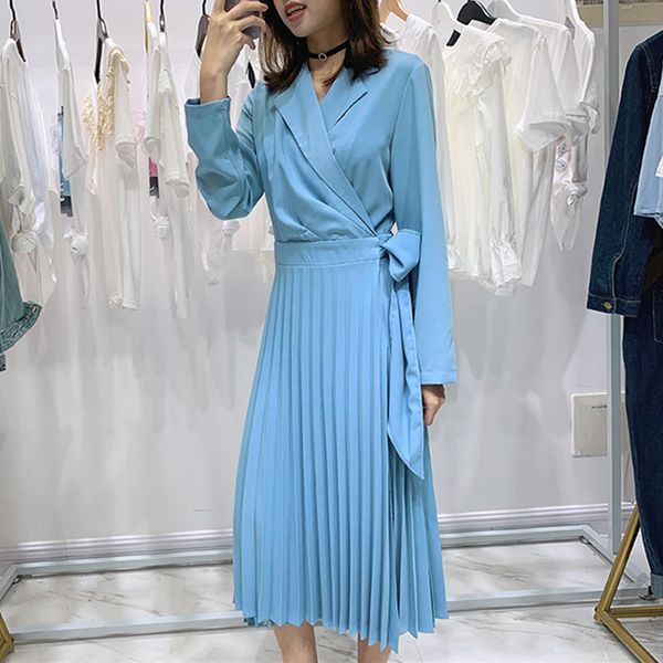 

elegant suit collar ladies chiffon patchwork women dress office blazer dress 2019 spring slim runway suit pleated chiffon dresse, Black;gray