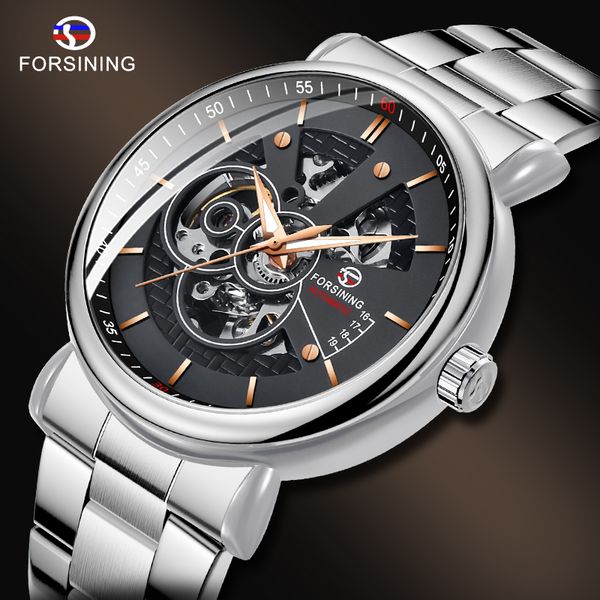 

forsining relogio мужские нержавеющей мужчина для стали светящимся дизайн часы мужской моды причинных бизнес механических watchwrist, Slivery;brown