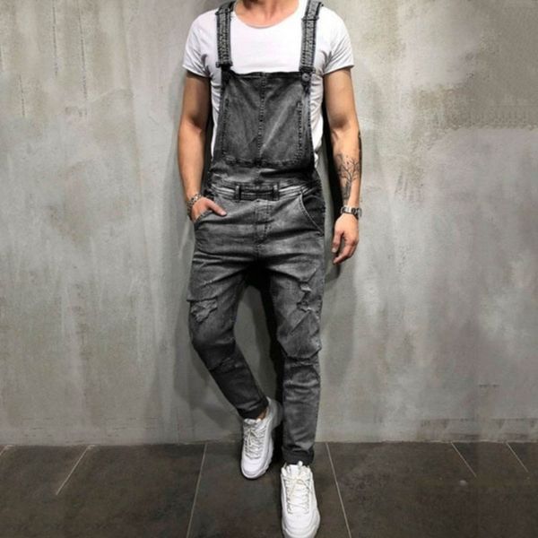 

2019 fashion mens ripped jeans jumpsuits street distressed hole denim bib overalls for man suspender pants size m-xxl ihha, Black