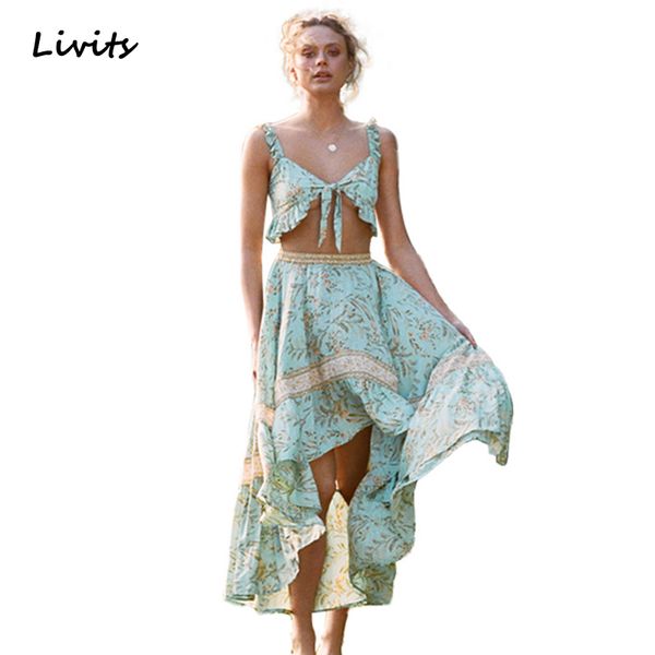 

women's sets beach bohemian holiday vacation french v neck ruched ruffles floral printed a line for female, White