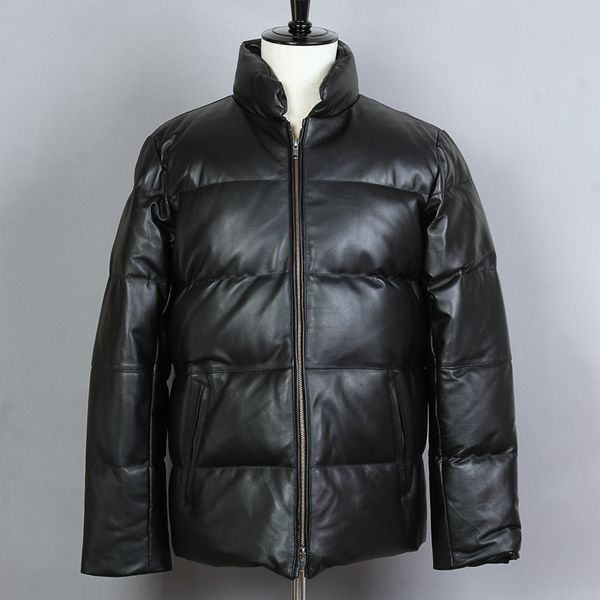 

japanese mens style retro loose simple sheepskin filled down genuine leather jacket men casual winter coat, Black