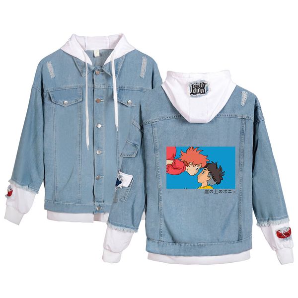 

leisure hip hop ponyo on the cliff denim jean stitching jacket coat harajuku jeans hoodies wear clothes hoodies for men/women, Black;brown