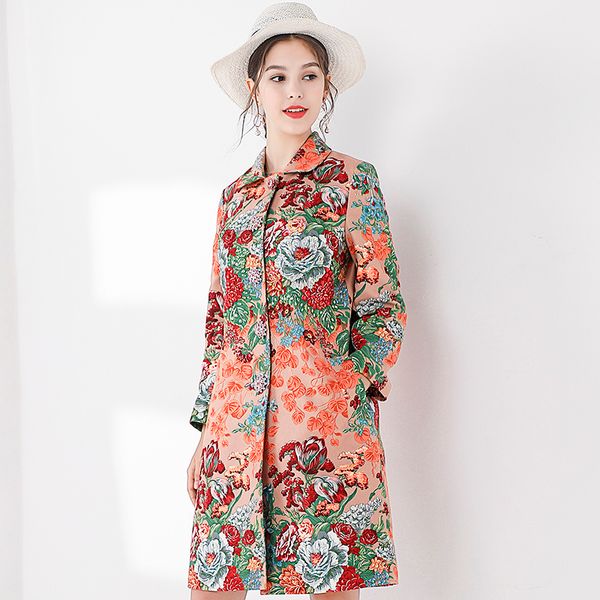 

goodlishowsi 2019 autumn vintage women overcoat trench floral turn-down collar single breasted thin tweet ladies outerwear, Tan;black