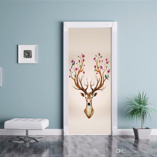 

3d effect 2pcs set european style deer head p wall mural door sticker living room bedroom pvc self-adhesive waterproof wallpaper
