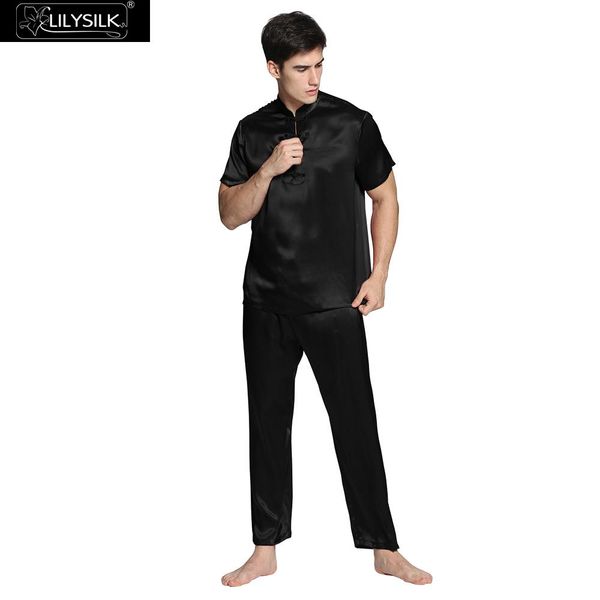 

lilysilk pajamas silk men sleepwear 100 pure 22 momme luxury short sleeve pants elastic waist eastern designer ing, Black;brown